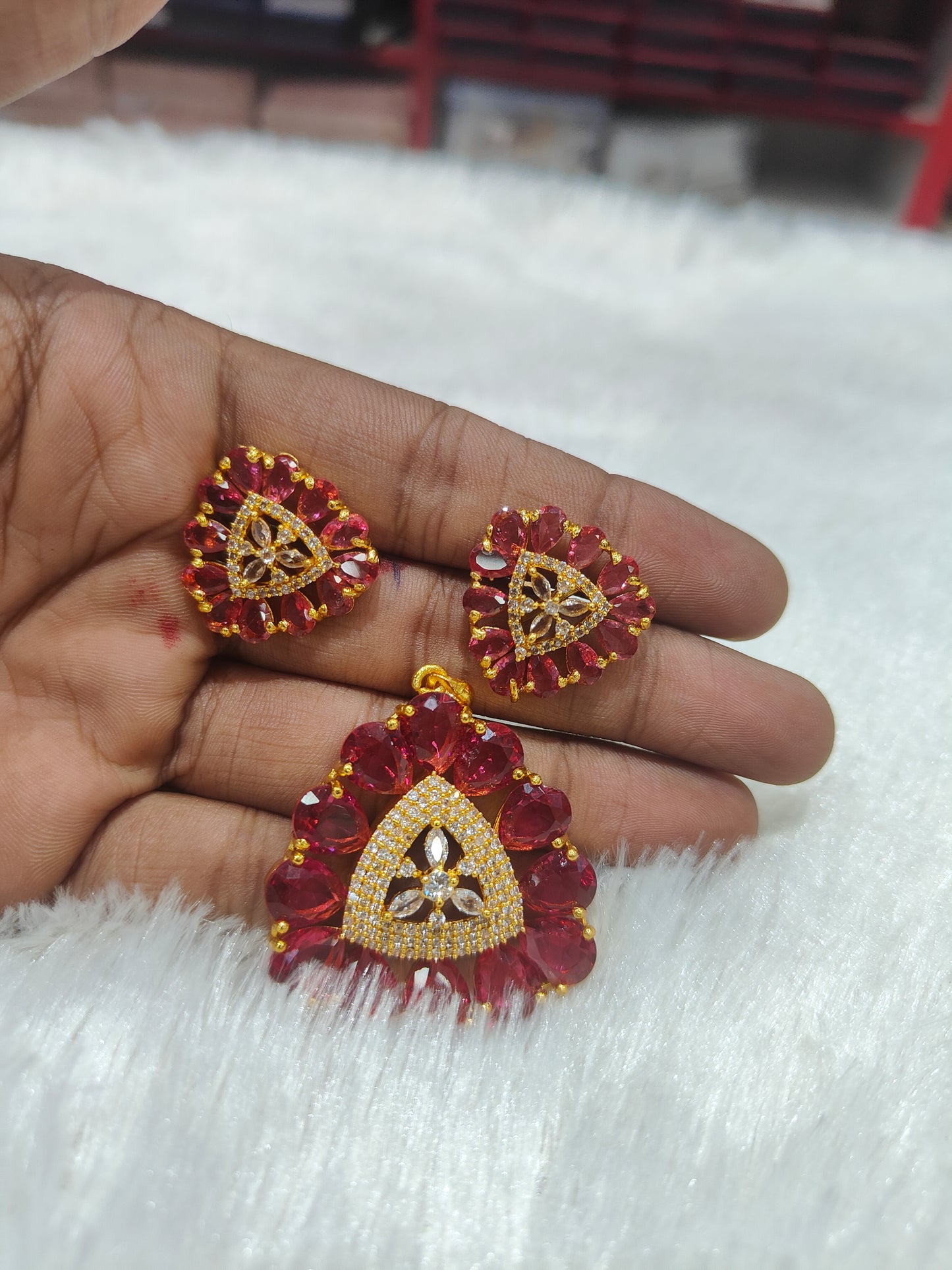 ruby triangle locket with earring